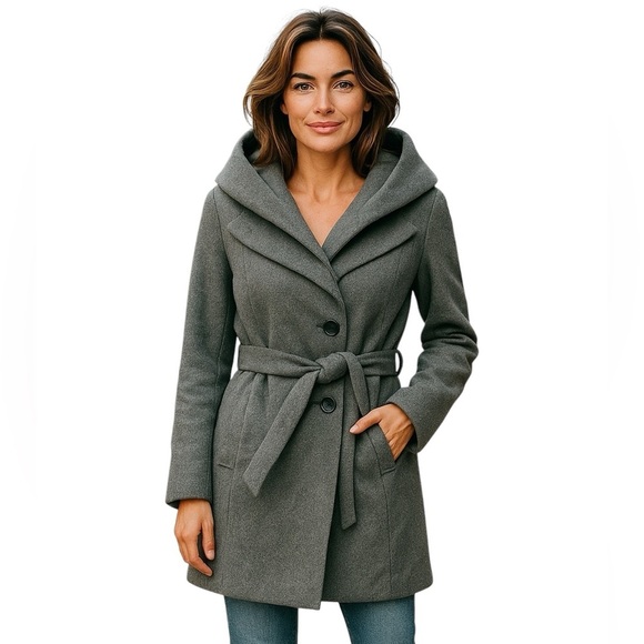 TAHARI Wool Blend Belted Shawl Collar Coat, Jacket in Grey - Picture 1 of 11